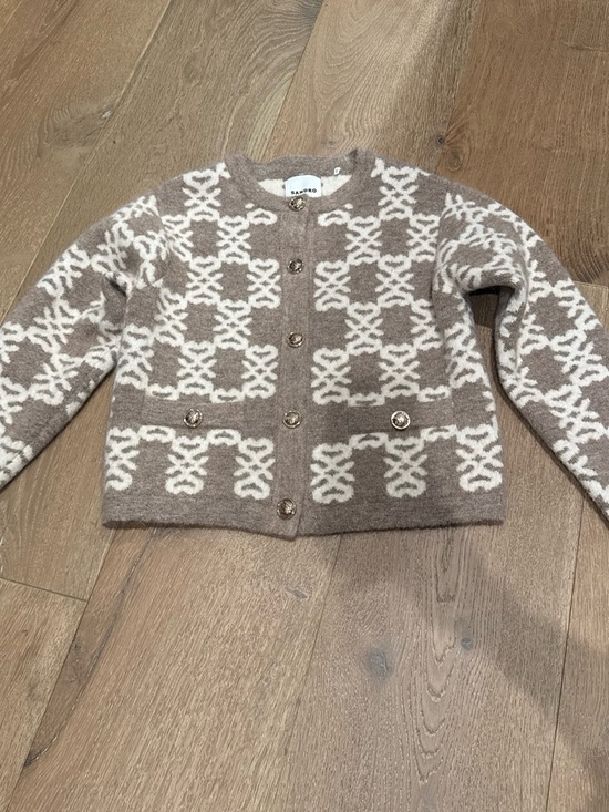 Sandro Sweaters - Sandro Cream & Taupe Patterned Wool Cardigan
